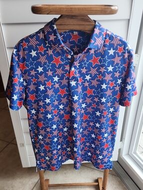 Patriotic Star Print Polo Shirt - Blue Red White Mens M